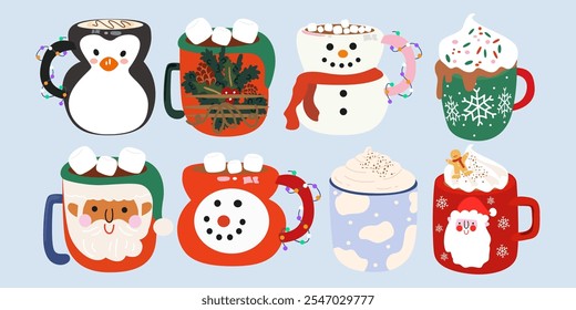 Hot aroma Christmas coffee and cacao drinks collection. Mugs for Xmas, New year or winter holidays. Flat cartoon different hot beverages. Mugs of Cocoa with marshmallow, coffee with cream