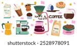 Hot aroma coffee drinks. Retro design elements perfect for cafe menu, coffee shop patches. Coffee maker, beans in kraft paper, paper cup, teapot and snacks for breakfast. Doodle retro icons