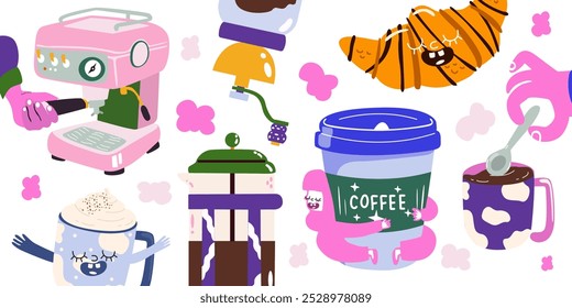 Hot aroma coffee drinks. Retro design elements perfect for cafe menu, coffee shop patches. Coffee maker, beans in kraft paper, paper cup, teapot and snacks for breakfast. Doodle retro icons