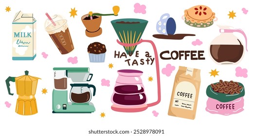 Hot aroma coffee drinks. Retro design elements perfect for cafe menu, coffee shop patches. Coffee maker, beans in kraft paper, paper cup, teapot and snacks for breakfast. Doodle retro icons