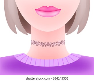 Hot attractive girl wearing 90s style plastic lacy tattoo choker necklace. Jewelry model in violet pullover isolated on white background. Young stylish fashionable woman with bob haircut portrait.