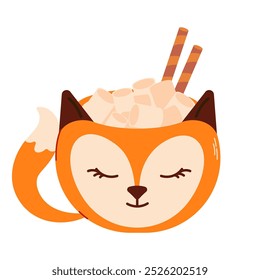 Hot autumn drink in a fox-shaped cup with marshmallows. Pumpkin Spice Seasonal flavored products, vector flat illustration