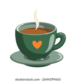 Bebida quente de outono em copo verde com vapor. Chá, café, cacau em magnésio. Ilustração isolada de vetor de desenhos animados 