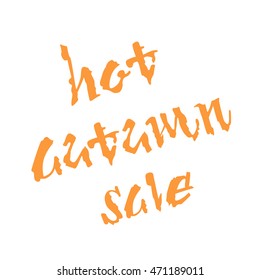 Hot autumn sale lettering in orange isolated on white background, vector illustration