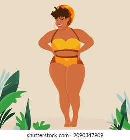 Hot babe tropical vibe. Smiling girl wearing yellow bikini swimming suit and head wrap. Flat vector illustration poster design isolated.