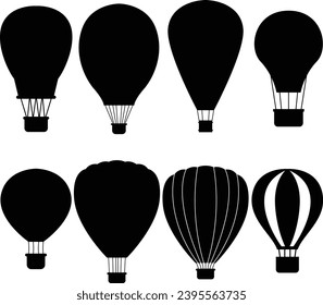 Hot balloon air silhouettes set. Black hot air ballon icon vector 