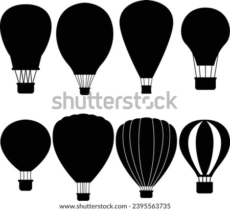 Hot balloon air silhouettes set. Black hot air ballon icon vector 