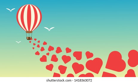 Hot balloon in the sky. Hot balloon vector. wallpaper. free space for text. background. heart symbol.