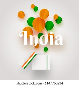 Hot balloons origami in saffron and green color with text India for National Event celebration concept.