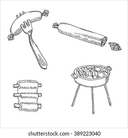 Hot barbecue or bbq utensil,  pork or beef bone ribs with fork and sliced salami sausage  food  vector illustration, in sketch hand drawn style.