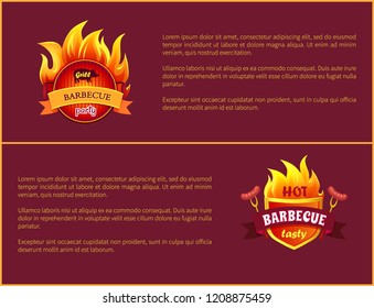 Hot barbecue grill sign and tasty sausages. Frankfurters on forks vector advertisement leaflets. Fire flames with wurst and beagle, roasted cooked meat