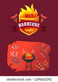 Hot barbecue party emblem with text and roasted sausages. Brazier with fire, meat in griddle, beefsteak on fork, brochettes and satay on skewer vector