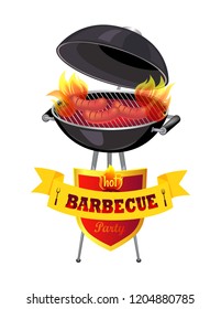 Hot barbecue party and grille grid vector. Isolated icons gridiron with roasted sausages and frying frankfurters. Preparation of fool barbeque picnic