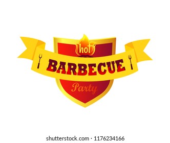 Hot barbecue party isolated icon closeup vector. Shield with yellow edges and fire text. Board with ribbon, stripe with barbeque and forks cutlery