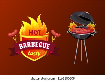 Hot barbecue party sausages isolated icons vector. Shield with forks and frankfurters. Frying pan and text sample, roaster with heat and fire set