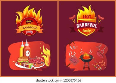 Hot barbecue tasty party set with emblems. Sausages hamburger on plate, satay and brochettes with vegetables. Roasted beefsteaks and brazier vector