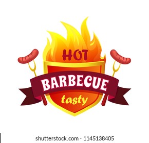 Hot barbecue tasty sausages isolated icon vector. Ribbon with text and frankfurters on forks. Fire flames with wurst and beagle, roasted cooked meal