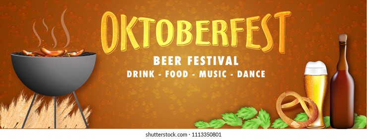 Hot barbecue, wheat grain and cocktail glass, bottle, sausage with fork, pretzel, hops on shiny brown bubbles background for Oktoberfest header or banner design.