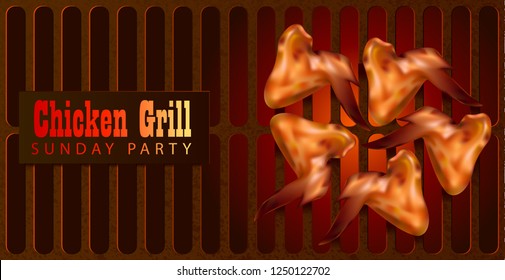 Hot barbeque chicken wings on hot grill. Vector illustration. Template for restaurant or cafe menu.