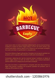 Hot barbeque heraldry icon burning fire and spicy sausages on forks vector bbq labels on posters, text sample, grilling badge invitation to picnic party