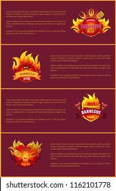 Hot barbeque party vector posters set. Burning badges, text sample. Fork, spatula and paddle, bbq metal grill with coals in flame sparkles, invitation