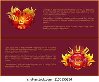 Hot barbeque vector icons with burning badges on posters, text sample. Fork, spatula and paddle, grilled sausages on metal turner in flame sparkles