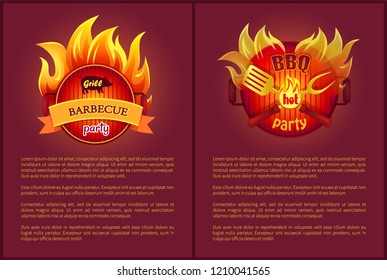 Hot barbeque vector icons with burning badges on posters, text sample. Fork, spatula and paddle, grilled sausages on metal turner in flame sparkles
