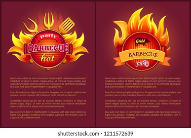 Hot barbeque vector icons with burning badges on posters, text sample. Fork, spatula and paddle, grilled sausages on metal turner in flame sparkles