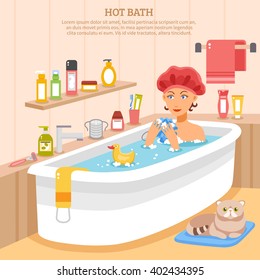 Hot bath poster with woman in soapy water cat on mat and hygiene items vector illustration