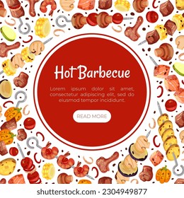 Hot BBQ Dish Banner Design with Skewered Shashlik Vector Template