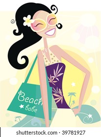 Hot beach chic. Beautiful diva with shopping bag on the beach. Vector Illustration.