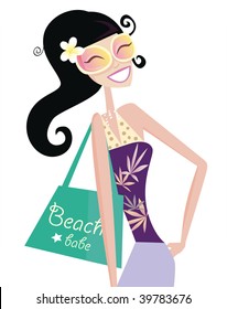 Hot beach chic. Sexy beach babe with shopping bag. Vector Illustration.