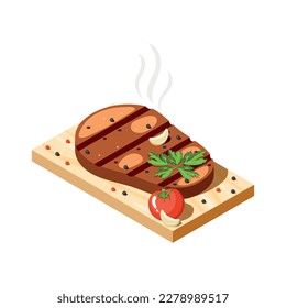 Carne de buey caliente servida en una bandeja de madera con perejil de tomate e icono isométrico de ajo ilustración vectorial