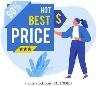 Hot best price on products of premium quality. Good deal for people. Female character offering, advertising sale vector illustration. Best price with discount in store. Woman on black friday sale.