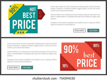 Hot best price, set of internet pages with stickers with percentage, dollar sign and stars, text sample and blue buttons vector illustration
