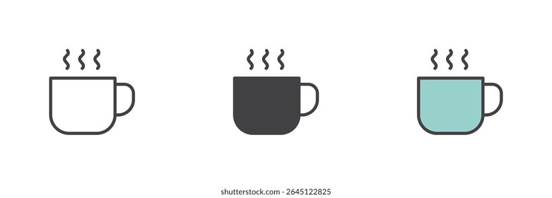 Hot beverage or coffee mug icon in three visual styles: line, filled outline color and solid glyph. Vector drink symbol for office or cafe settings.