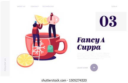 Hot Beverage for Cold Season Website Landing Page. Tiny Man and Woman Standing on Huge Cup with Hot Tea Put Lemon Slice. Hot Drink Festive Winter Time Web Page Banner. Cartoon Flat Vector Illustration