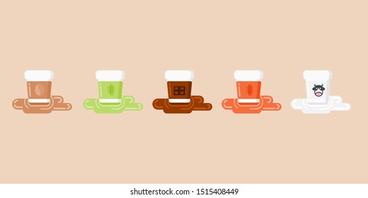 Hot beverage in cup flat design vector illustration, consist of coffee, green tea chocolate, Thai tea and milk.