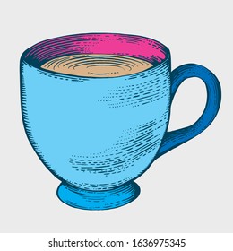 Hot beverage in a cup vector engraved illustration, isolated. Vintage stylised drawing.