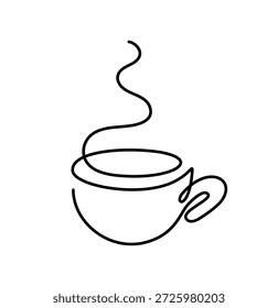 Hot beverage cup vector illustration with abstract steam, minimalist one line drawing a white background, black linear design