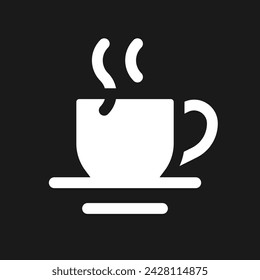 Hot beverage dark mode glyph ui icon. Morning tea. Calming drink. User interface design. White silhouette symbol on black space. Solid pictogram for web, mobile. Vector isolated illustration
