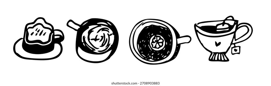 Hot Beverage Doodle Cup Collection. Coffee, Tea, and Lemon Drinkware Set. Outline Hand-Drawn Vector Illustration