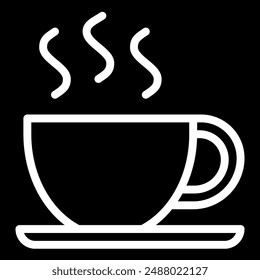 Hot beverage glyph icon. A steaming cup of coffee or tea on a saucer, representing warmth, comfort, and relaxation. Perfect for cafe, beverage, and hospitality themes.