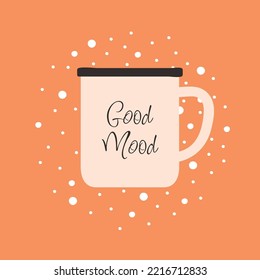 Hot Beverage In Metal Mug, Vintage Cup. Vector Latte Or Americano Drink, Aroma Morning Espresso, Tea Or Coffee On Breakfast In Flat Cartoon Style