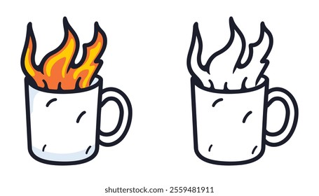 Hot beverage in a mug with flames. fun colorful illustration.