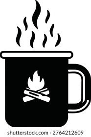 Hot beverage mug silhouette with steaming coffee, campfire flame design, camping outdoors, cozy warmth, relaxation, vector illustration