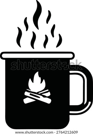 Hot beverage mug silhouette with steaming coffee, campfire flame design, camping outdoors, cozy warmth, relaxation, vector illustration