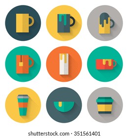 Hot Beverages Flat Round Icons with Stipple Effect and Long Shadow - Tea Coffee and other Hot Drinks in Simple Flat Style