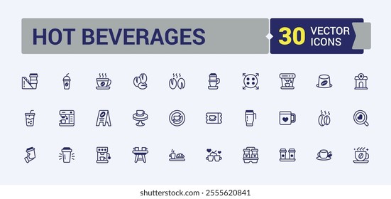 Hot Beverages icon set. Containing cafe, grinder, restaurant, refreshment, tea, bean, drink, caffeine. Modern thin icons. Solid line editable stroke. Vector line and solid icons.