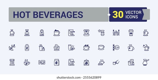 Hot Beverages icon set. Containing cafe, grinder, restaurant, refreshment, tea, bean, drink, caffeine. Modern thin icons. Solid line editable stroke. Vector line and solid icons.